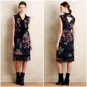Maeve by Anthropologie Women Bretin A-Line Midi Dress Bow Tie Black Floral